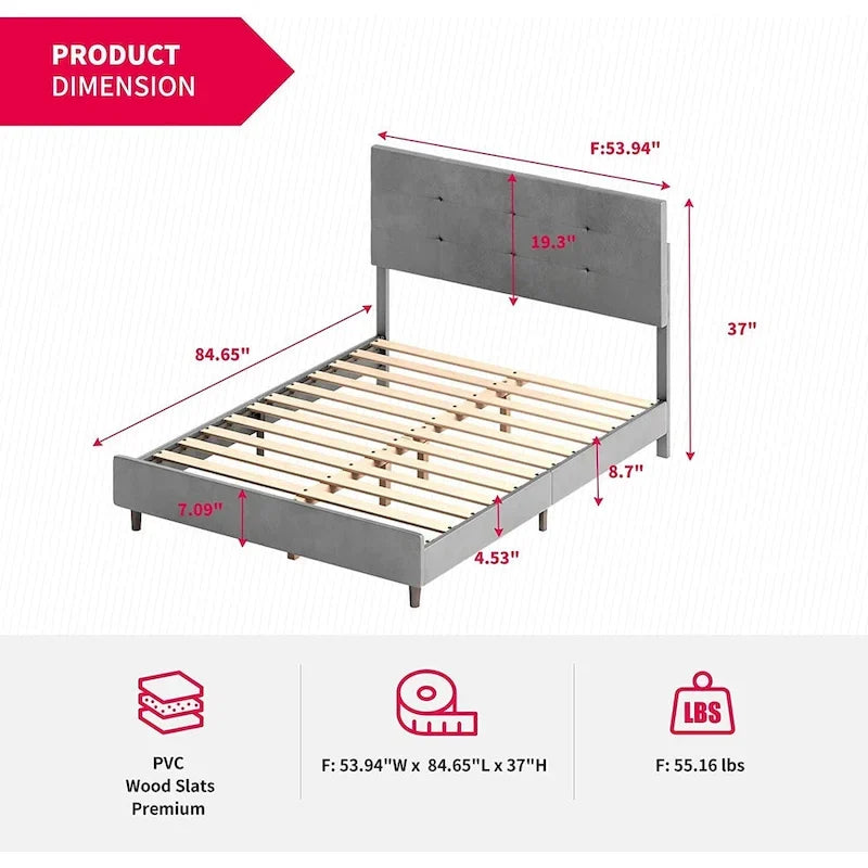 Bed Frame with Smart RGB LED Lights, Button Tufted PVC Headboard, No Box Spring Needed