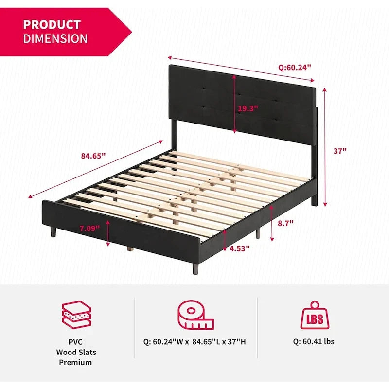 Bed Frame with Smart RGB LED Lights, Button Tufted PVC Headboard, No Box Spring Needed