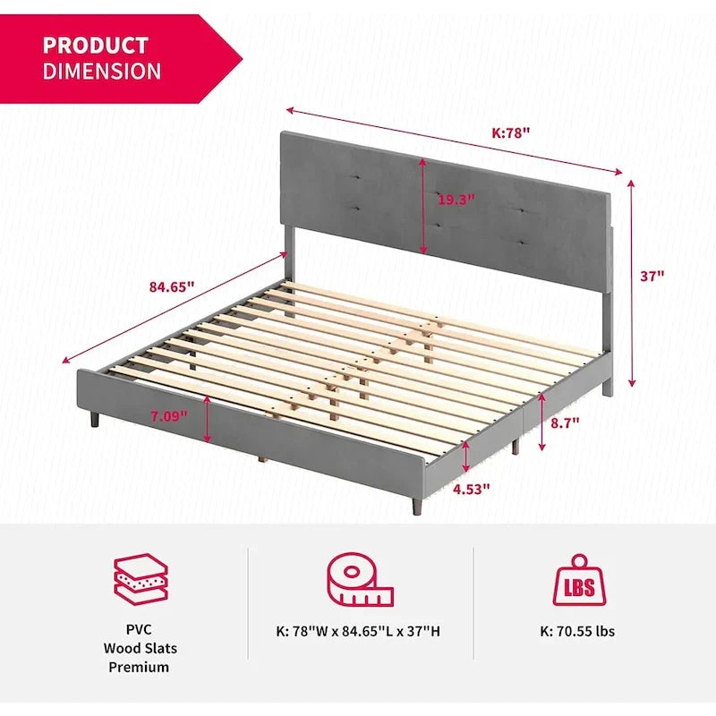 Bed Frame with Smart RGB LED Lights, Button Tufted PVC Headboard, No Box Spring Needed