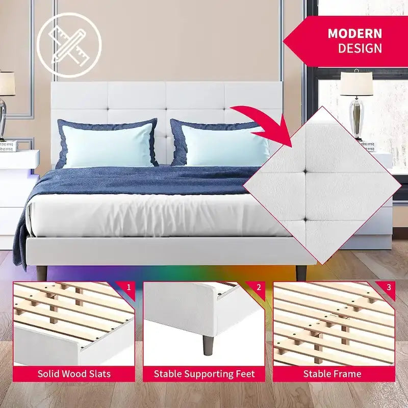 Bed Frame with Smart RGB LED Lights, Button Tufted PVC Headboard, No Box Spring Needed