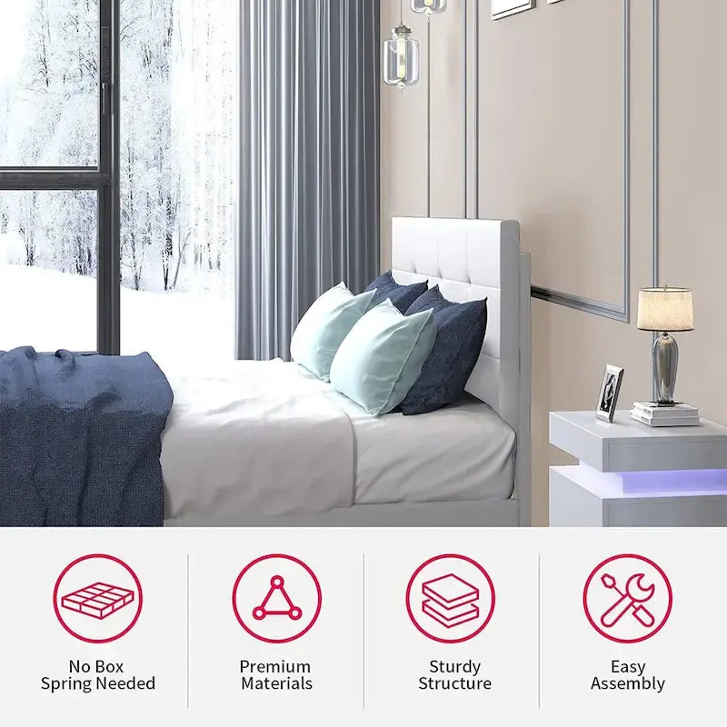 Bed Frame with Smart RGB LED Lights, Button Tufted PVC Headboard, No Box Spring Needed