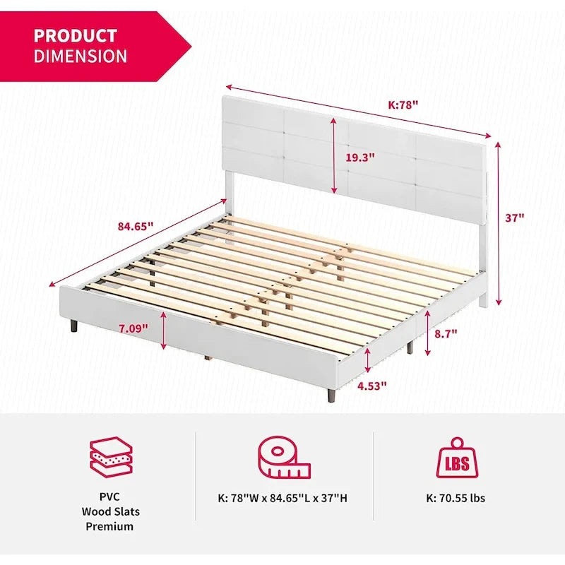 Bed Frame with Smart RGB LED Lights, Button Tufted PVC Headboard, No Box Spring Needed