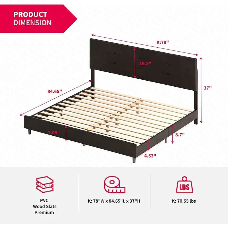 Bed Frame with Smart RGB LED Lights, Button Tufted PVC Headboard, No Box Spring Needed