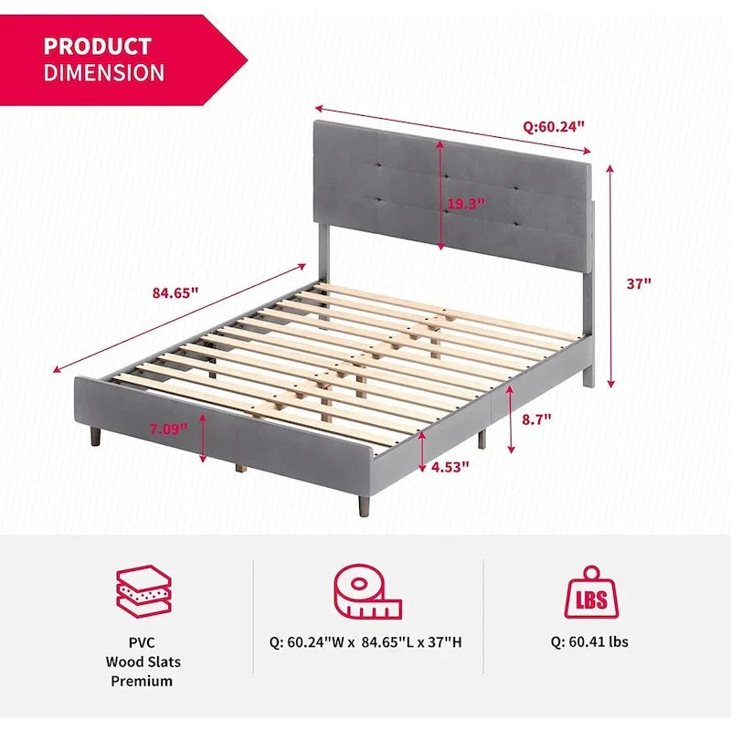 Bed Frame with Smart RGB LED Lights, Button Tufted PVC Headboard, No Box Spring Needed