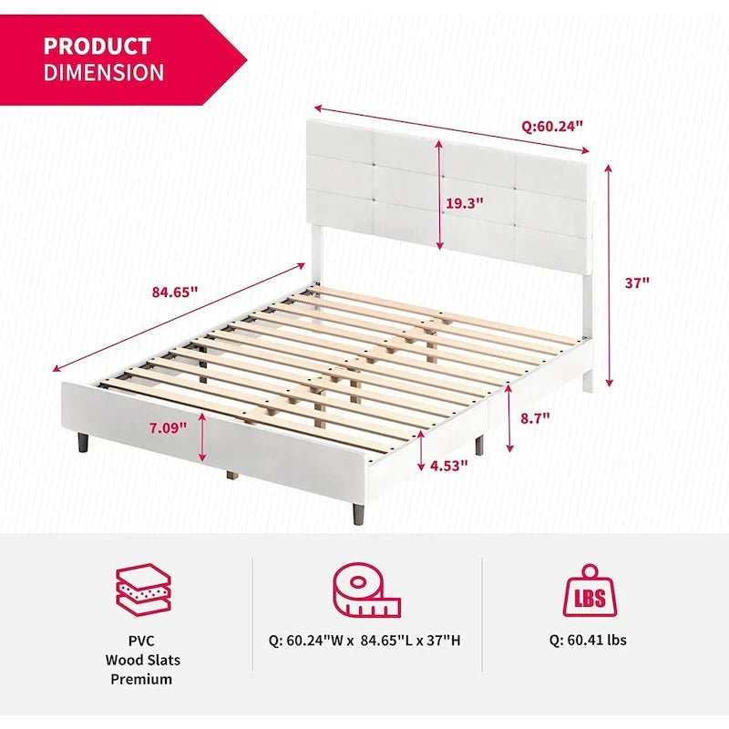 Bed Frame with Smart RGB LED Lights, Button Tufted PVC Headboard, No Box Spring Needed