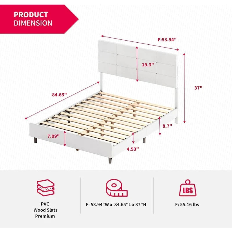 Bed Frame with Smart RGB LED Lights, Button Tufted PVC Headboard, No Box Spring Needed