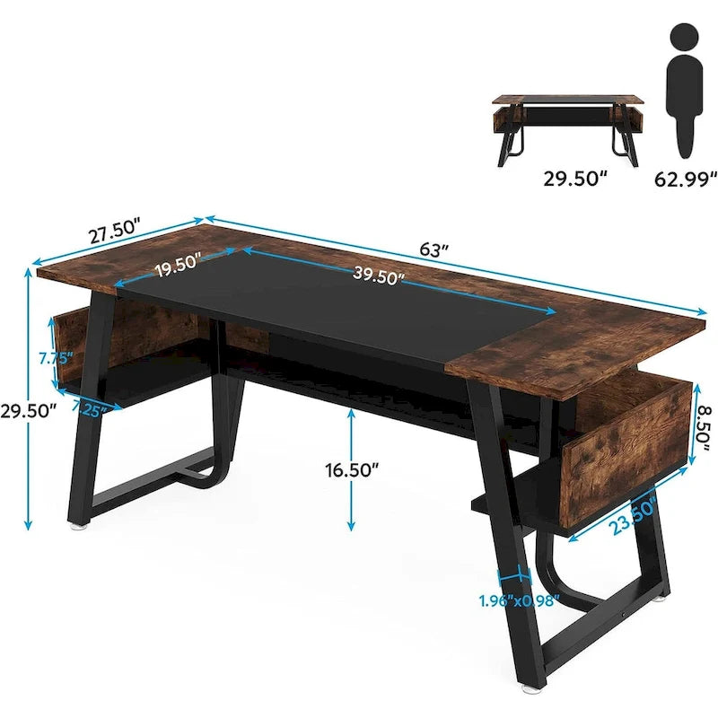 63 Inches Large Executive Desk with Bottom Shelves