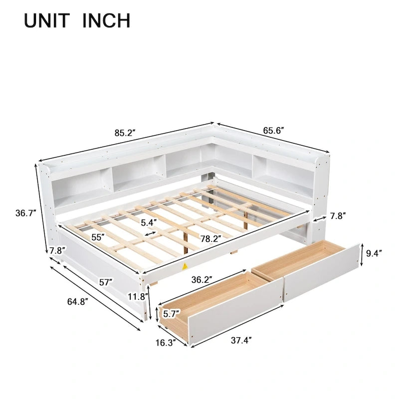 Plná postel s L-tvarovanými knihovnami, zásuvkami, barva Espresso