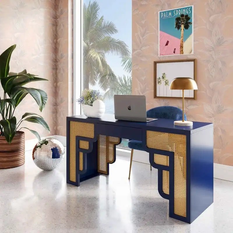 Art Deco Wood and Rattan 1-Drawer Desk