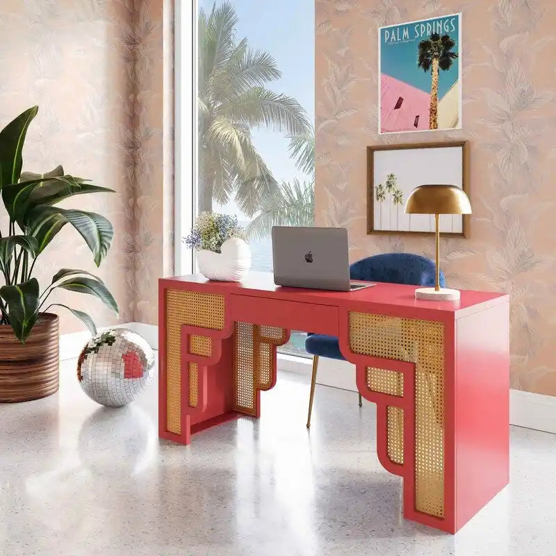 Art Deco Wood and Rattan 1-Drawer Desk