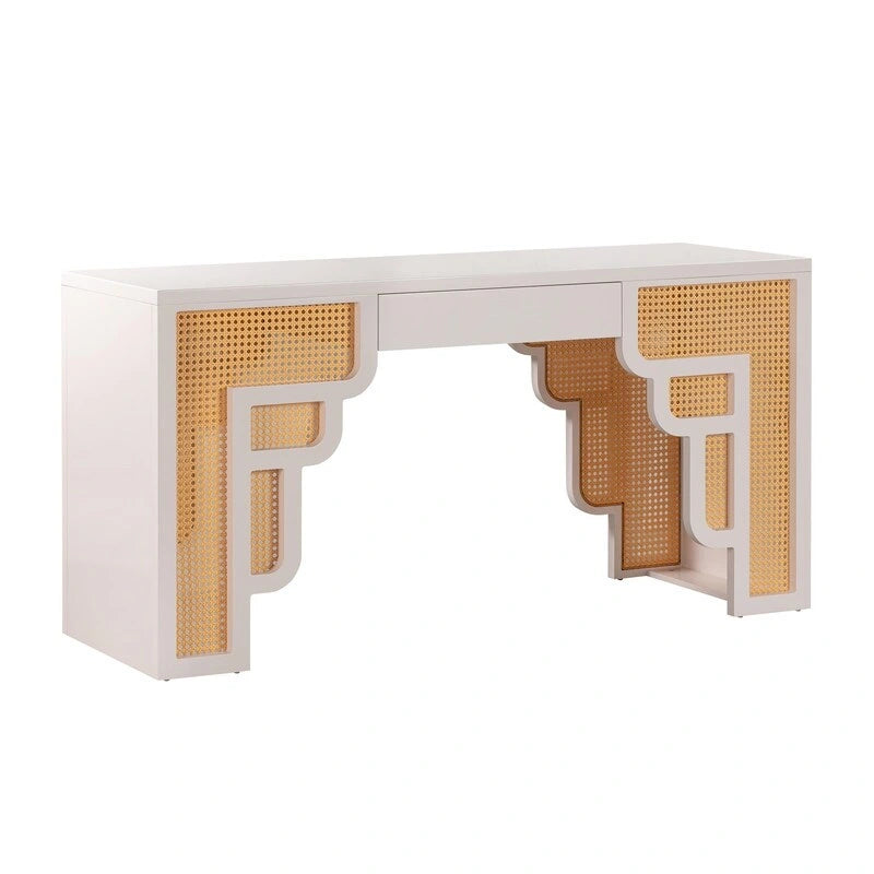Art Deco Wood and Rattan 1-Drawer Desk