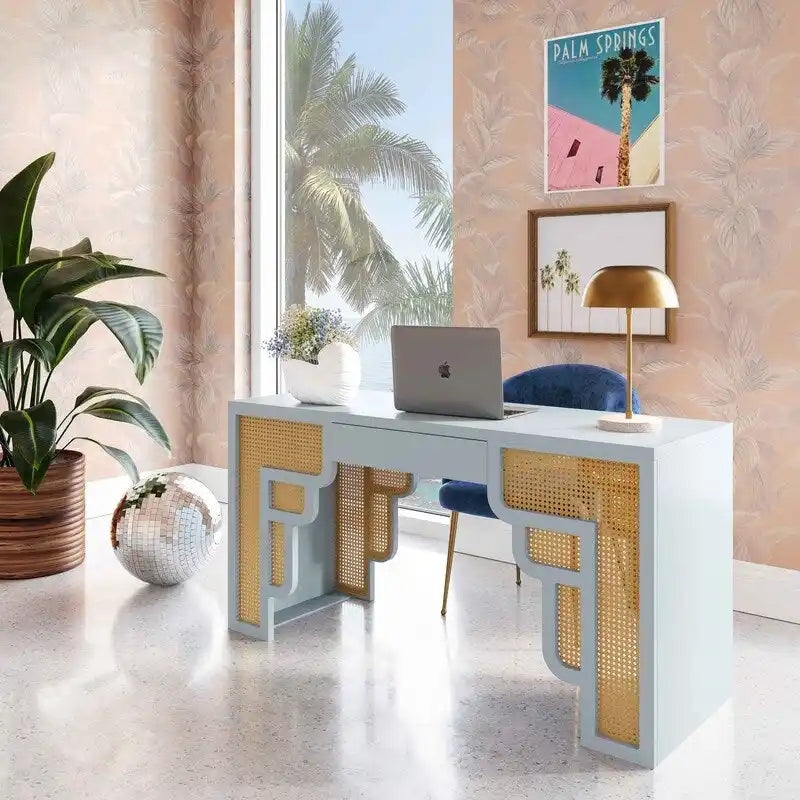 Art Deco Wood and Rattan 1-Drawer Desk