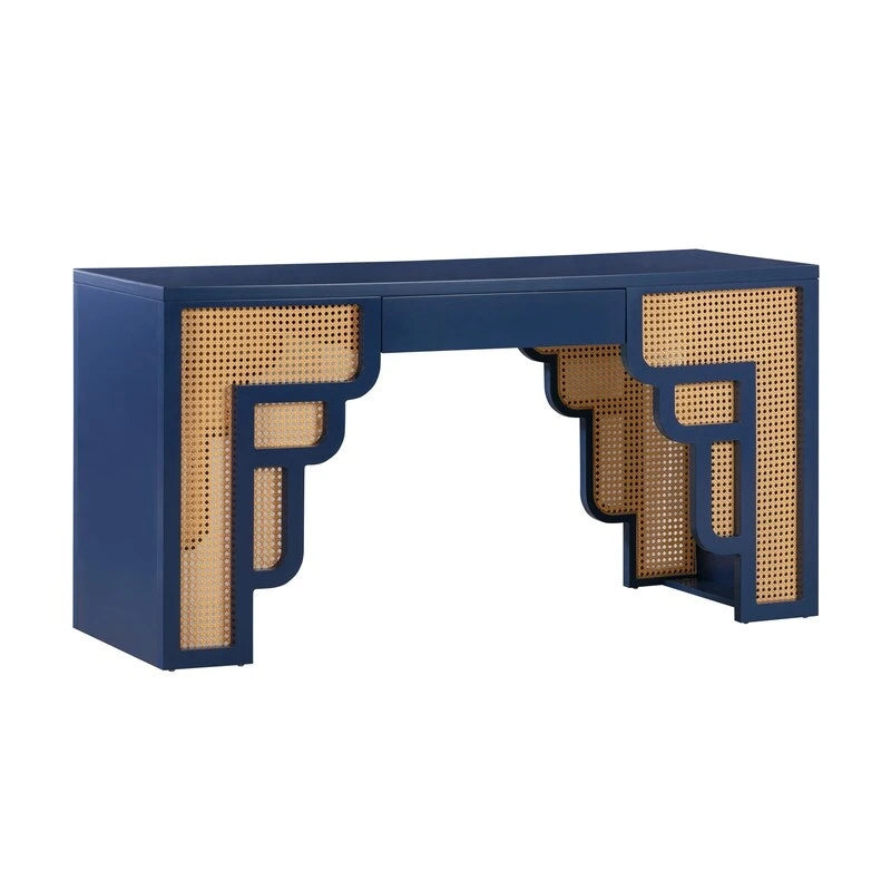 Art Deco Wood and Rattan 1-Drawer Desk