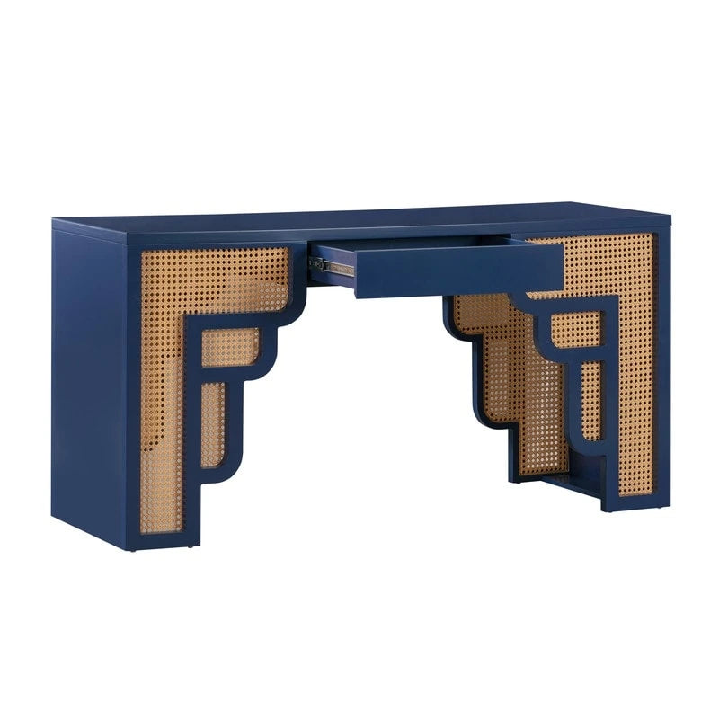 Art Deco Wood and Rattan 1-Drawer Desk