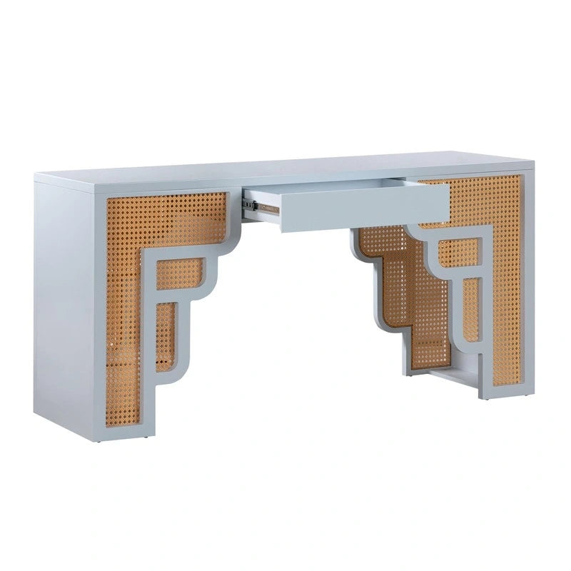 Art Deco Wood and Rattan 1-Drawer Desk