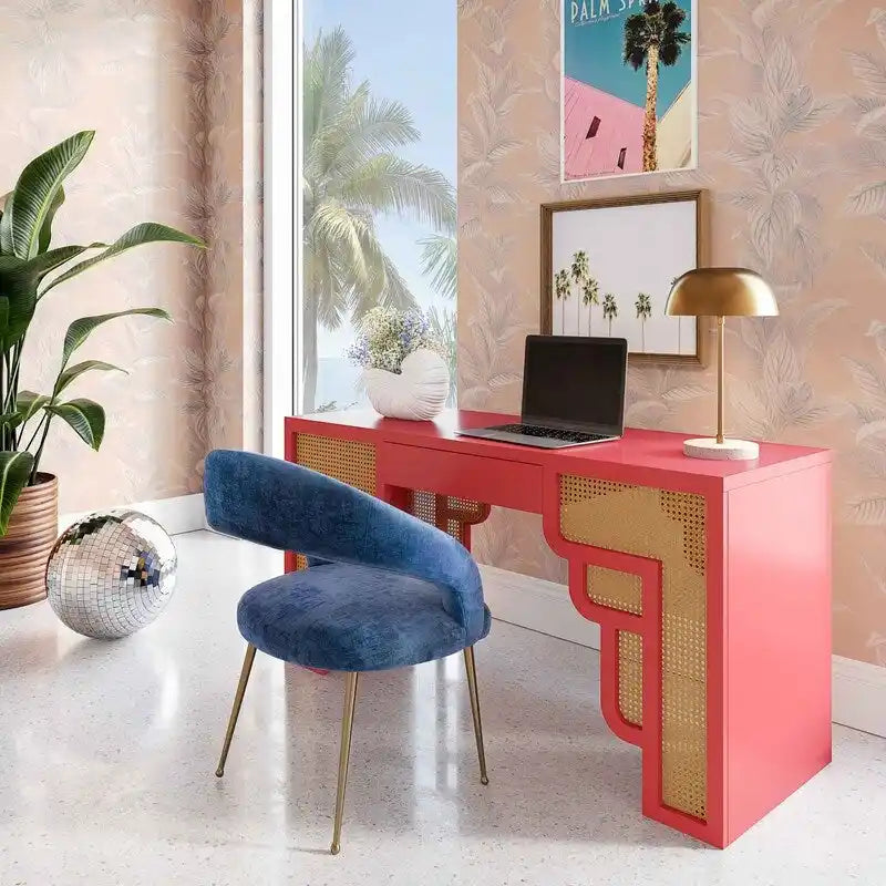 Art Deco Wood and Rattan 1-Drawer Desk