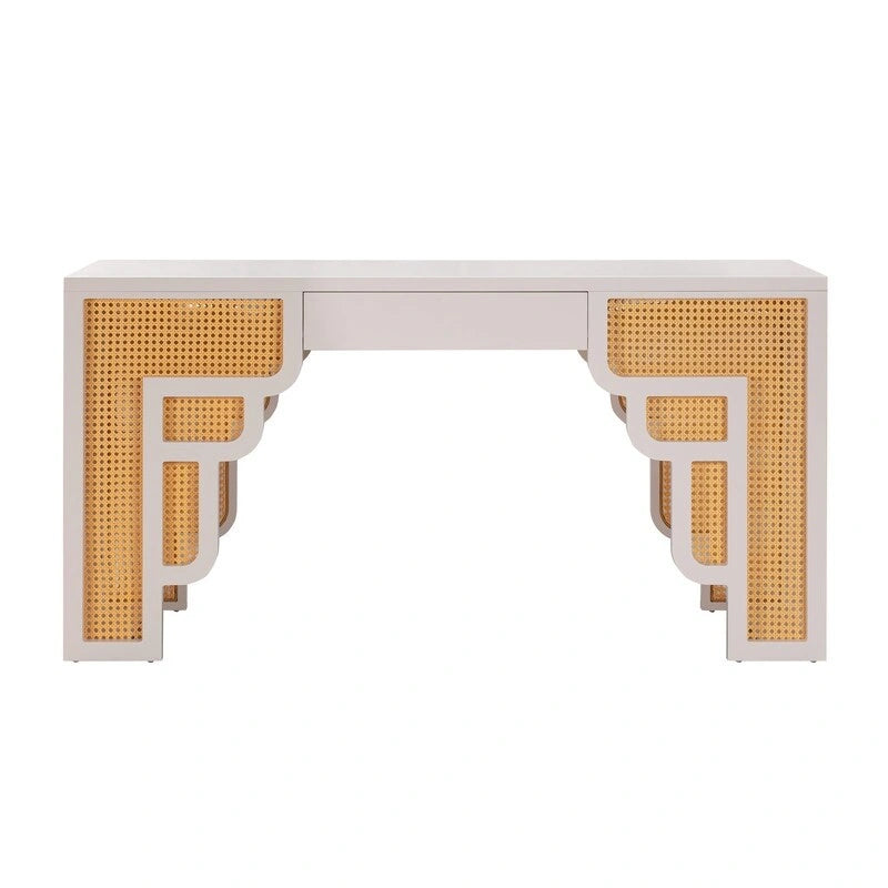 Art Deco Wood and Rattan 1-Drawer Desk