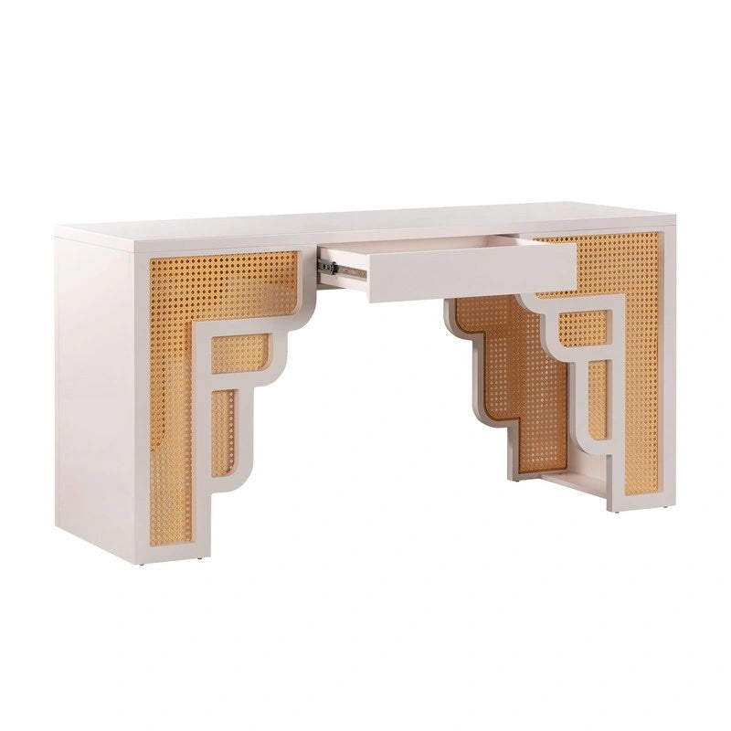 Art Deco Wood and Rattan 1-Drawer Desk