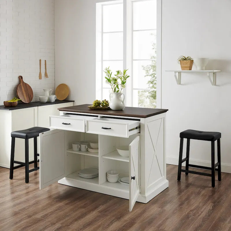 Farmhouse Kitchen Island with Upholstered Saddle Stools