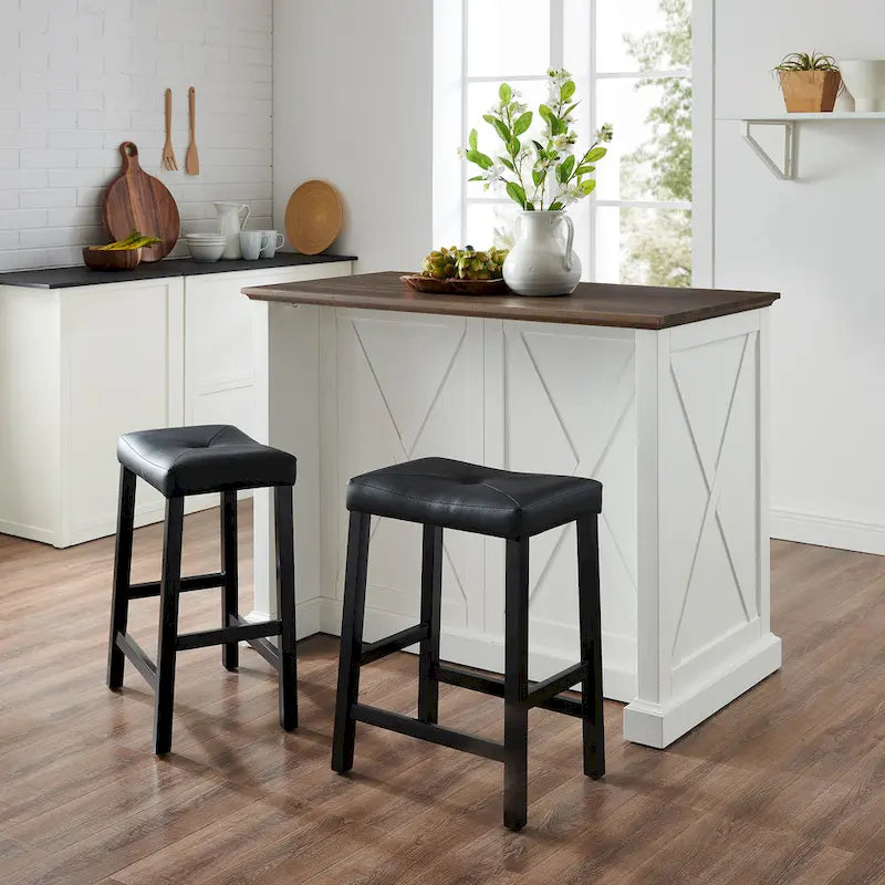 Farmhouse Kitchen Island with Upholstered Saddle Stools
