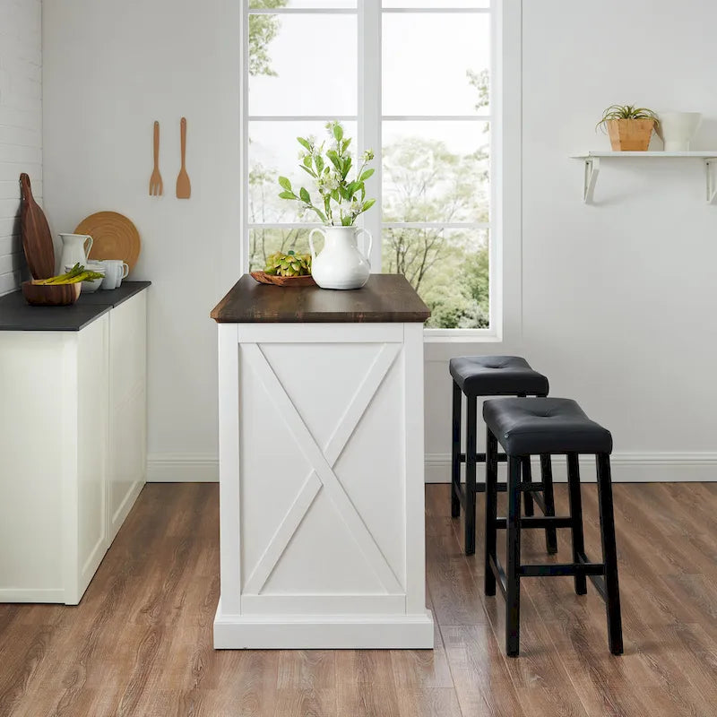 Farmhouse Kitchen Island with Upholstered Saddle Stools