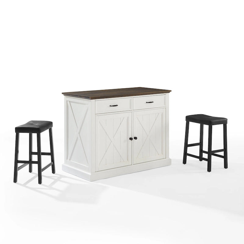 Farmhouse Kitchen Island with Upholstered Saddle Stools