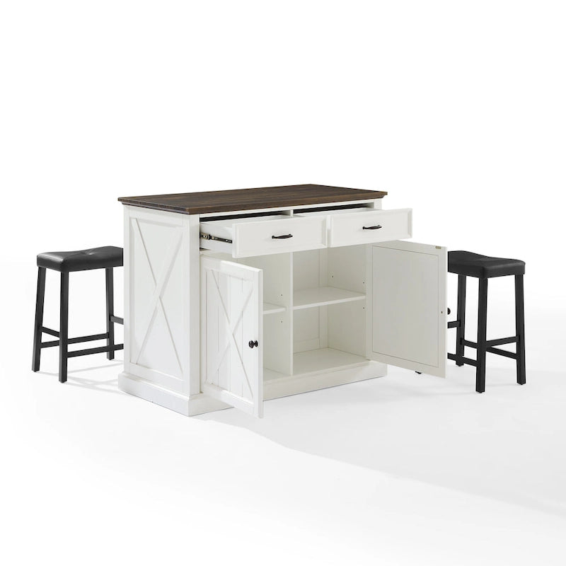 Farmhouse Kitchen Island with Upholstered Saddle Stools