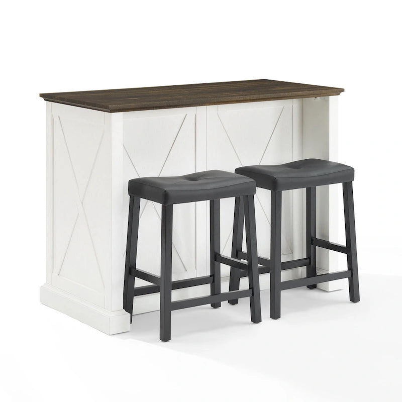 Farmhouse Kitchen Island with Upholstered Saddle Stools