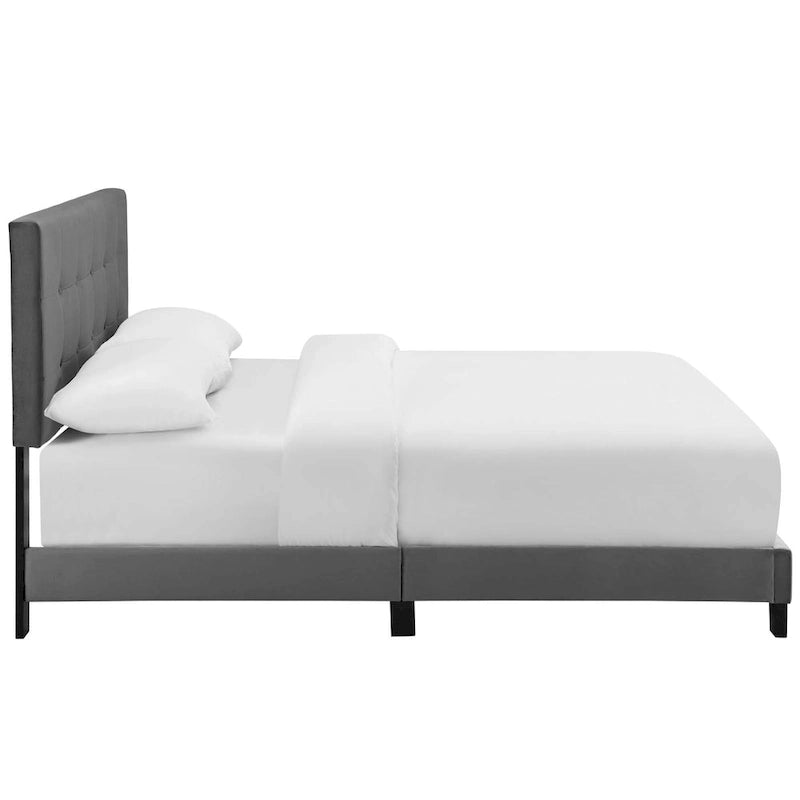 Queen Upholstered Velvet Platform Bed with Button-Tufted Headboard