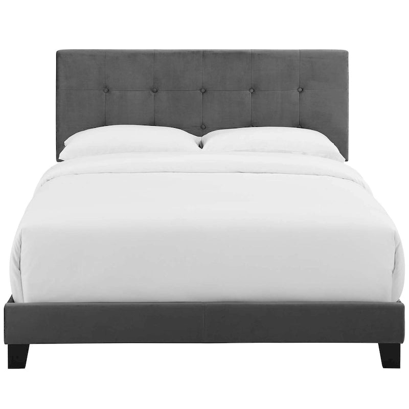 Queen Upholstered Velvet Platform Bed with Button-Tufted Headboard
