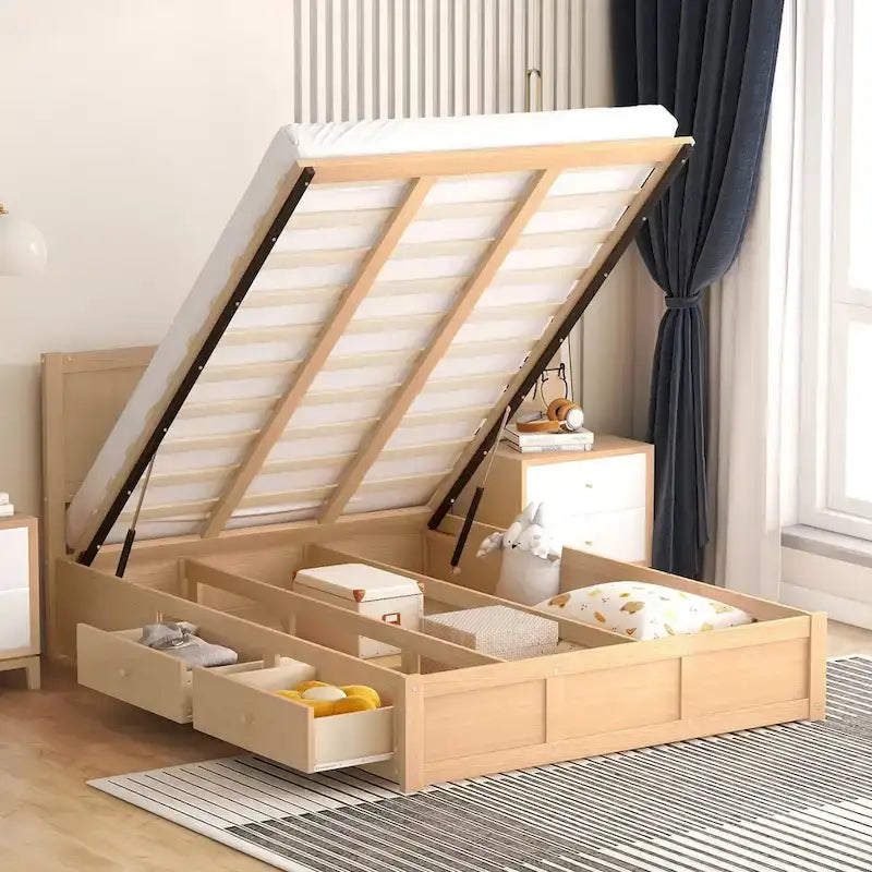 Wood Platform Bed with Underneath Storage and 2 Drawers