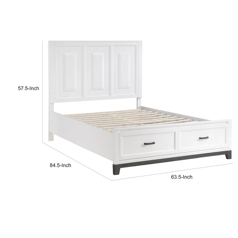 Queen Platform Bed with 2 Storage Drawers, White Wood Finish