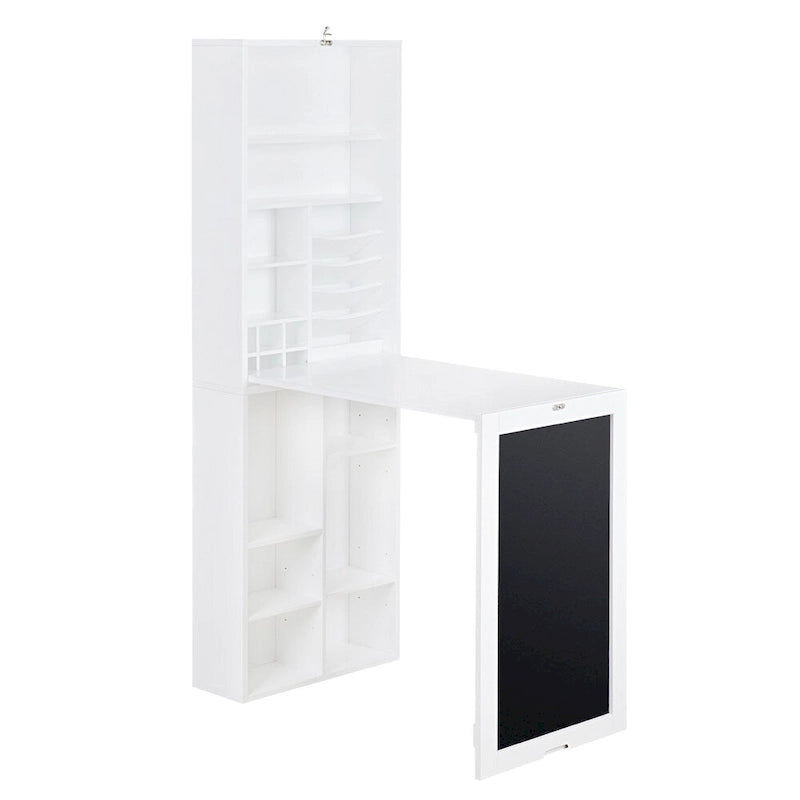 Collapsible Fold-Down Desk with Storage Cabinet & Bottom Shelves, White