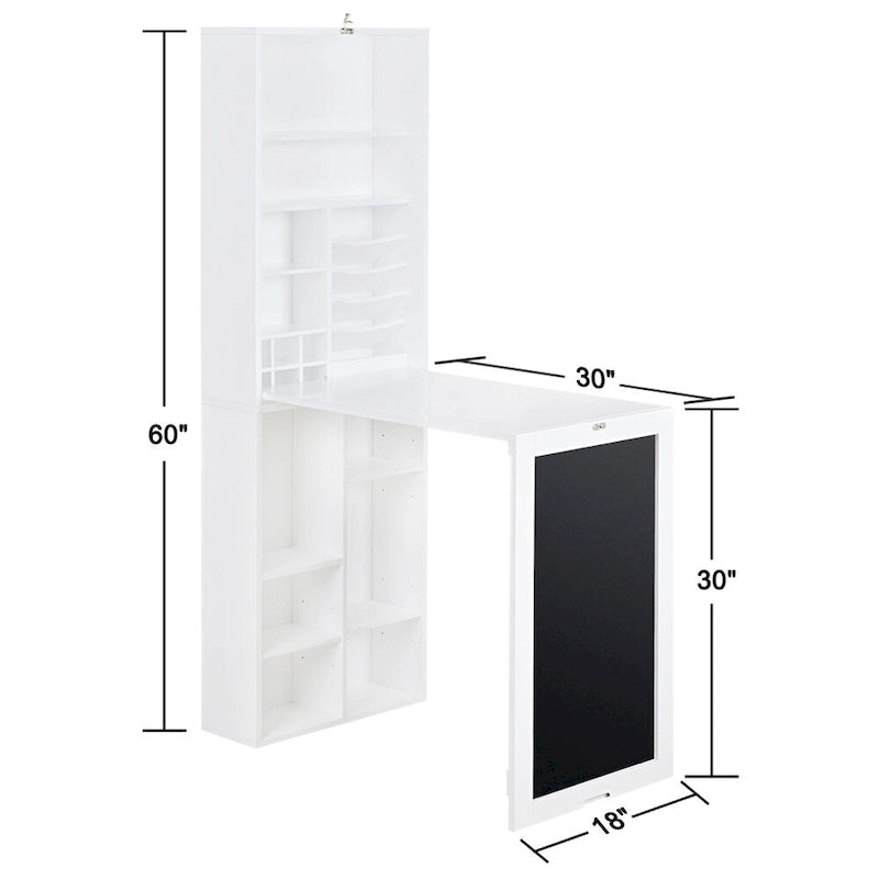 Collapsible Fold-Down Desk with Storage Cabinet & Bottom Shelves, White