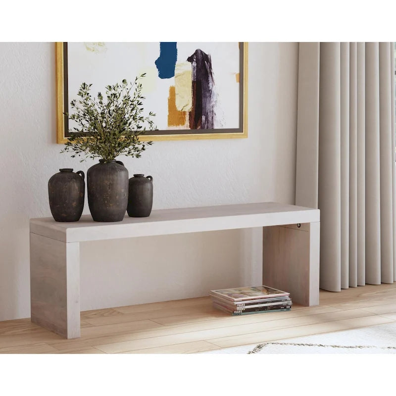 51-Inch Solid Mango Wood Bench in White Sand Finish
