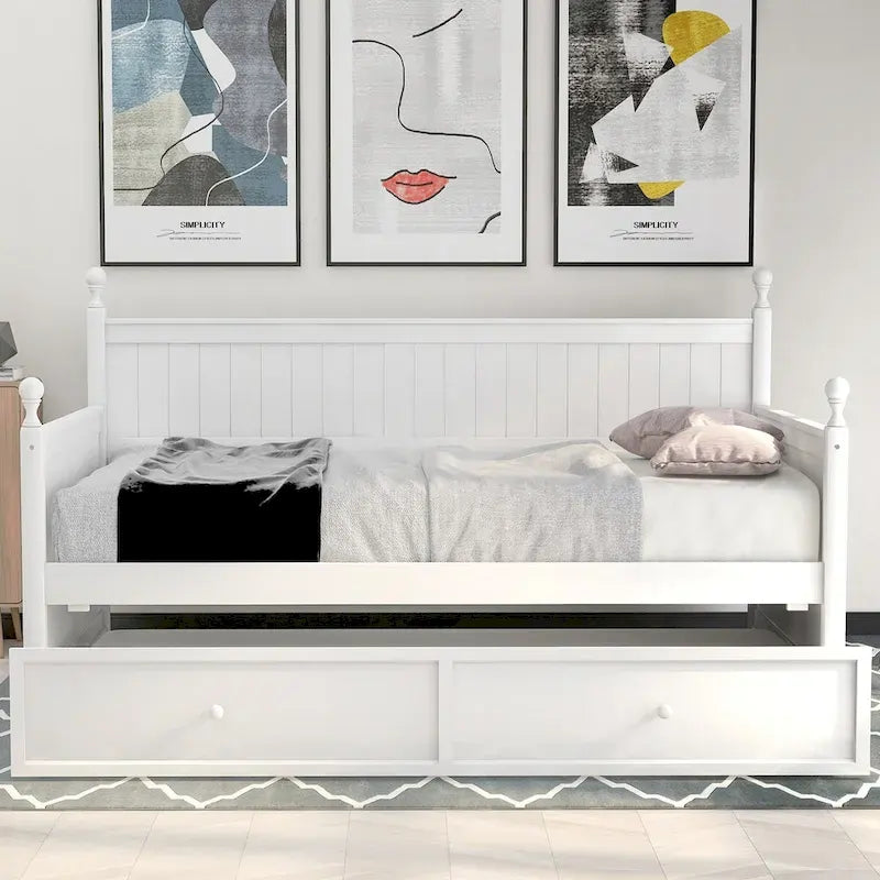 Modern Twin Size Daybed with Trundle & Hidden Storage, White
