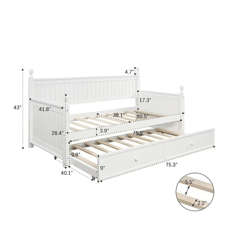 Modern Twin Size Daybed with Trundle & Hidden Storage, White