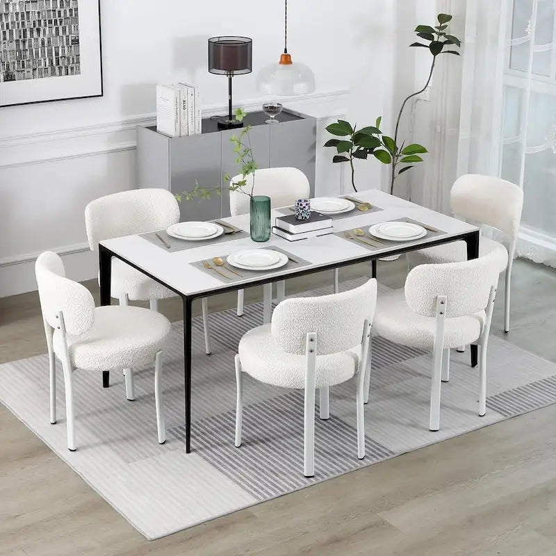 Mid-Century Modern Boucle Dining Chair with White Metal Legs