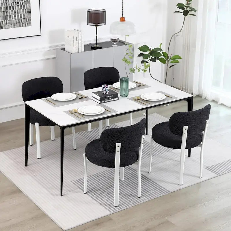 Mid-Century Modern Boucle Dining Chair with White Metal Legs