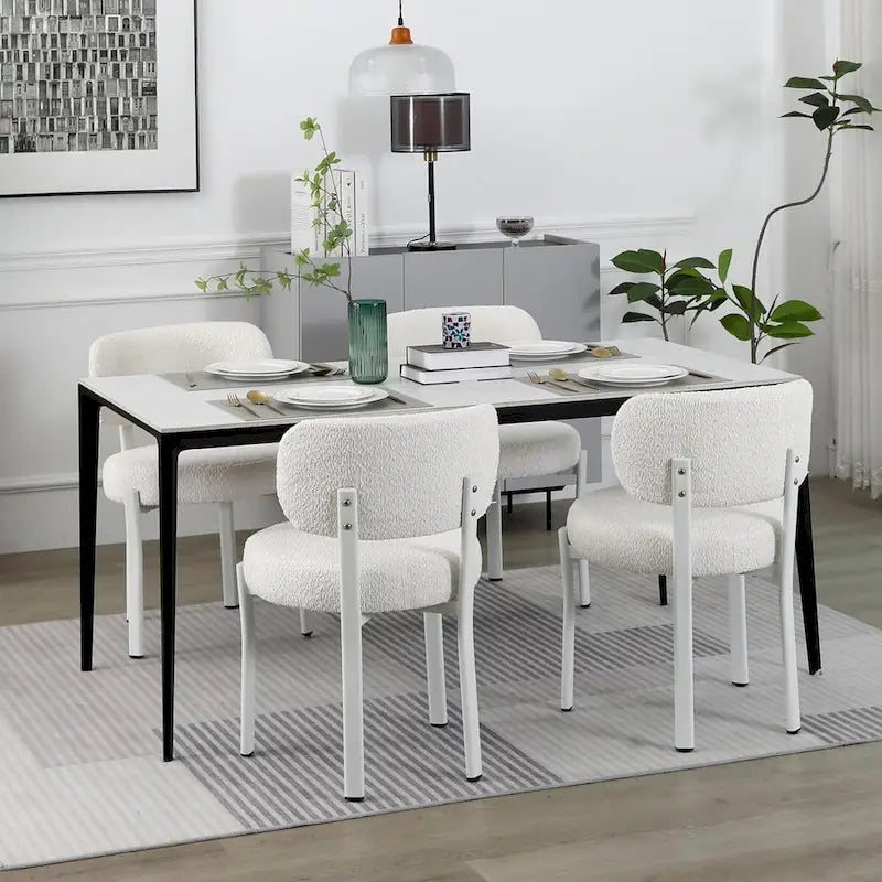 Mid-Century Modern Boucle Dining Chair with White Metal Legs
