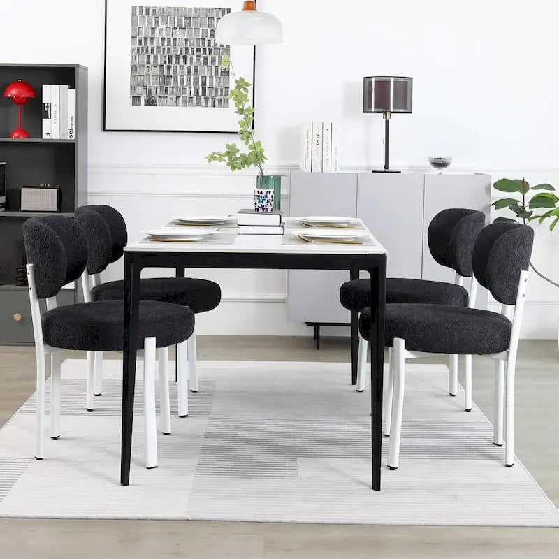 Mid-Century Modern Boucle Dining Chair with White Metal Legs