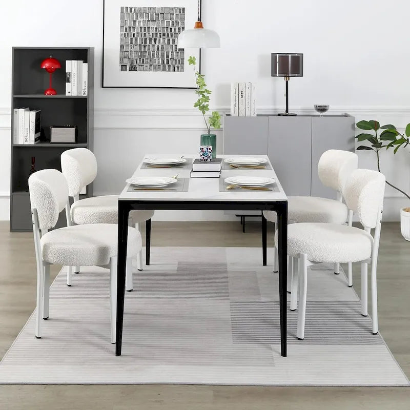 Mid-Century Modern Boucle Dining Chair with White Metal Legs