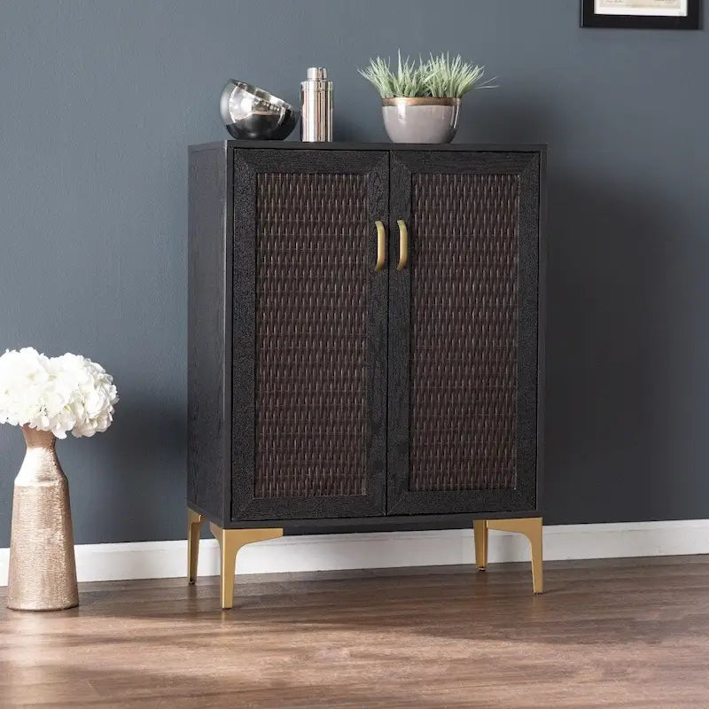 Modern Rustic Black Gold and Faux Rattan Bar Cabinet