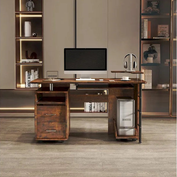 solid wood computer Desk,office table with PC droller,storage shelves and file cabinet,two drawers,CPU tray,a shelf