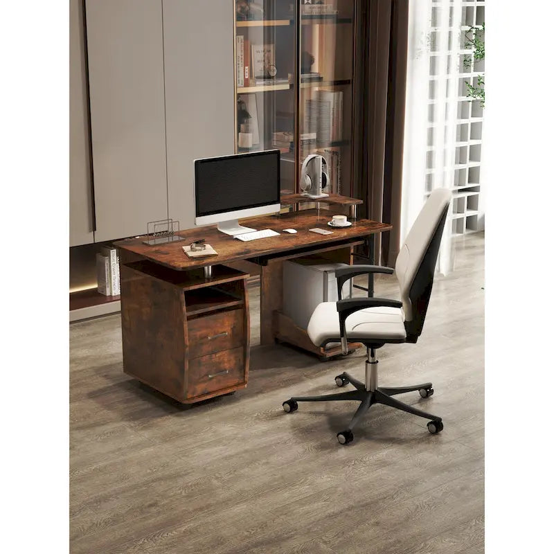 Solid Wood Computer Desk with PC Roller, Storage Shelves, and File Cabinet