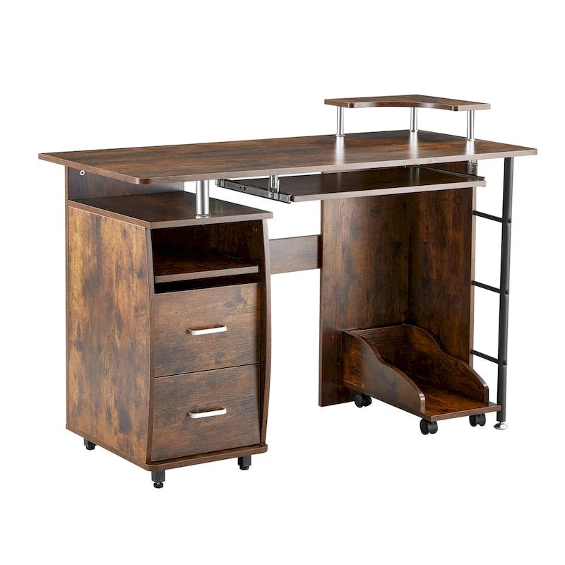 Solid Wood Computer Desk with PC Roller, Storage Shelves, and File Cabinet