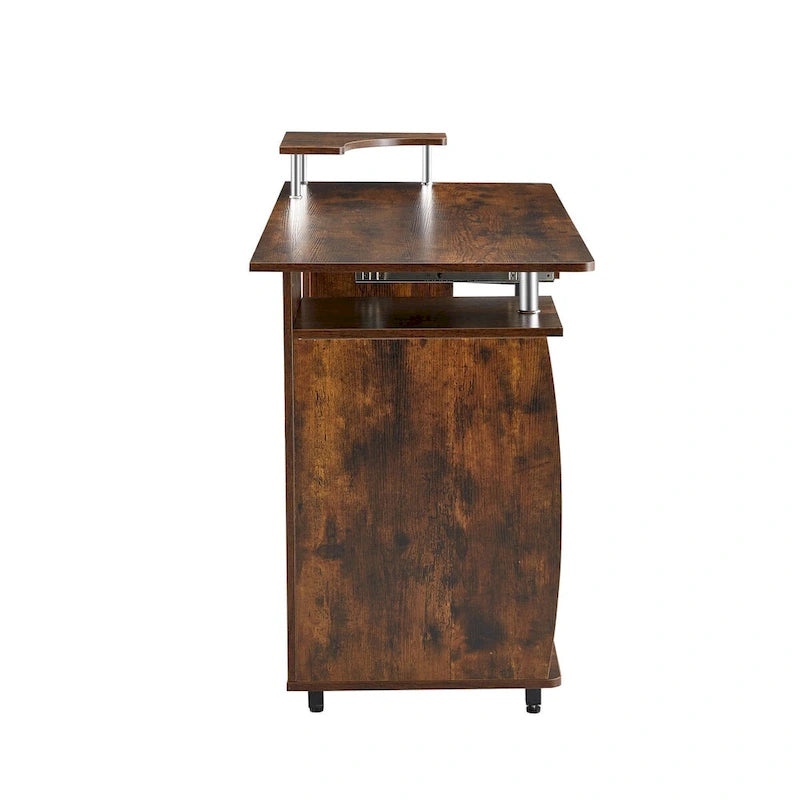 Solid Wood Computer Desk with PC Roller, Storage Shelves, and File Cabinet
