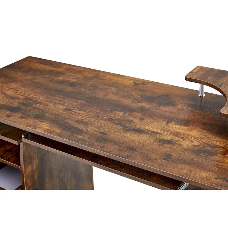 Solid Wood Computer Desk with PC Roller, Storage Shelves, and File Cabinet