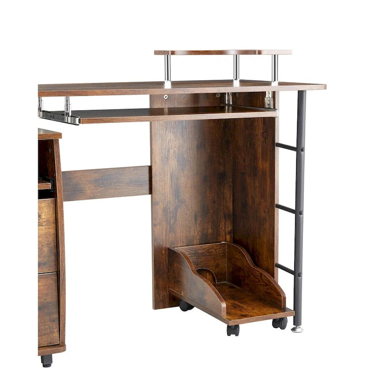 Solid Wood Computer Desk with PC Roller, Storage Shelves, and File Cabinet