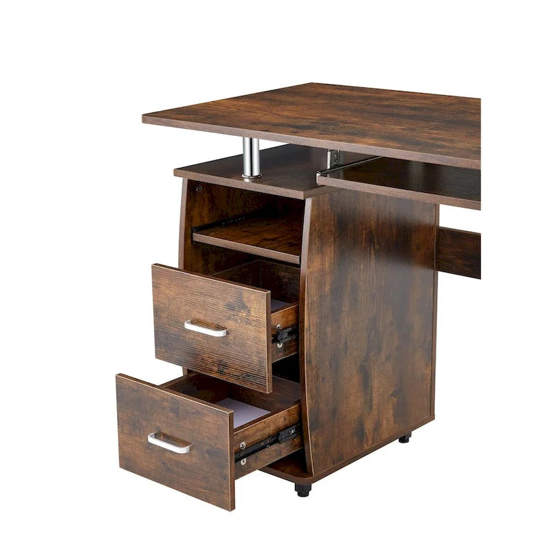 Solid Wood Computer Desk with PC Roller, Storage Shelves, and File Cabinet